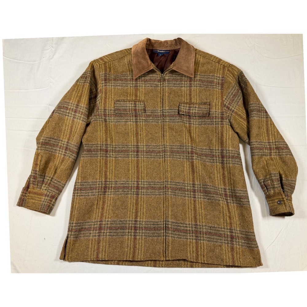 Vintage Breeches Mens M 100% Wool Plaid Jacket Made USA Suede Collar Hunting